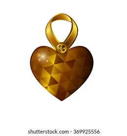 Vector shiny gold dangling heart with ribbon loop isolated on white background. Heart shaped medallion with triangles texture.