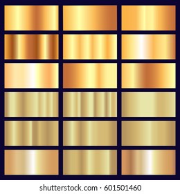 Vector shiny gold foil luxury collection. Swatch lovely set for fashion Illustration. Elegant light template. Realistic gradient icon texture metallic for frame, ribbon, banner, coin and label. 