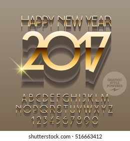 Vector shiny gold Happy New Year 2017 greeting card with set of letters, symbols and numbers. File contains graphic styles