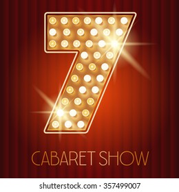 Vector shiny gold lamp alphabet in cabaret show style. Number 7