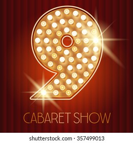 Vector shiny gold lamp alphabet in cabaret show style. Number 9