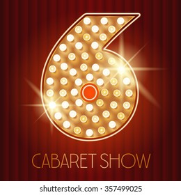 Vector shiny gold lamp alphabet in cabaret show style. Number 6