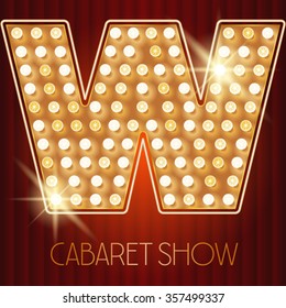 Vector shiny gold lamp alphabet in cabaret show style. Letter W svg