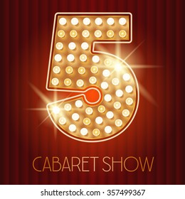 Vector shiny gold lamp alphabet in cabaret show style. Number 5