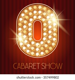 Vector shiny gold lamp alphabet in cabaret show style. Number 0 svg