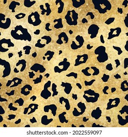 Patrón de piel de leopardo dorado brillante vectorial abstracto sin fisuras. Manchas negras de guepardo animal salvaje sobre fondo de textura de lámina metálica amarillo dorado para impresión de moda, web, cubierta, papel envolvente, papel tapiz.