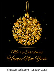 Vector Shiny gold rhinestone diamond brilliant gemstone jewelry Christmas ball New Year decoration on black background