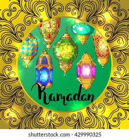 Vector shiny golden card. Arabic glowing lanterns. Islamic holiday background. Ink handwritten inscription Ramadan. Brush lettering. Calligraphy. Ornament.