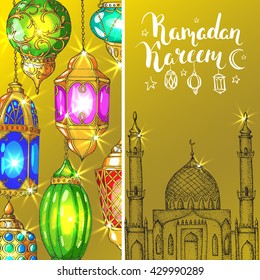 Vector shiny golden card. Mosque and arabic lanterns. Islamic holiday background. Ink handwritten inscription Ramadan Kareem. Brush lettering. Calligraphy. 