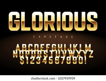 Vector Shiny Golden Display Font Design, Alphabet, Character Set, Typeface, Typography, Letters And Numbers. Swatch Color Control.