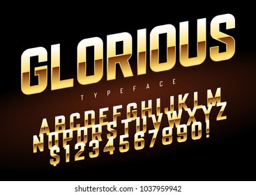 Vector shiny golden display font design, alphabet, character set, typeface, typography, letters and numbers. Swatch color control.