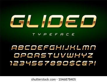 Vector shiny golden display font design, alphabet, character set, typeface, typography, letters and numbers. Swatch color control.