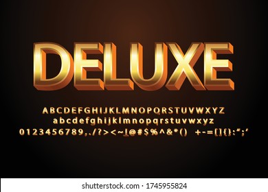 Vector shiny golden display font design, alphabet, character set, typeface, typography, letters and numbers.