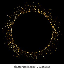 Vector shiny golden glitter circle round frame with copy space. Golden star dust glam luxury abstract background.