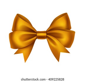 Vector Shiny Golden Satin Gift Bow Close up Isolated on White Background