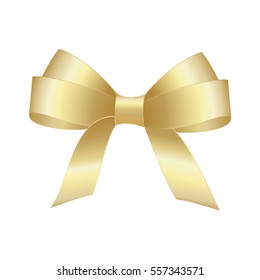 Vector Shiny Golden Satin Gift Bow Close up Isolated on White Background.