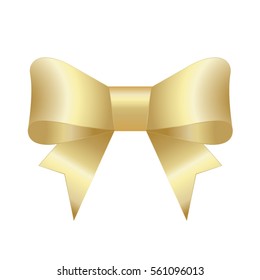 Vector Shiny Golden Satin Gift Bow Close up Isolated on White Background.