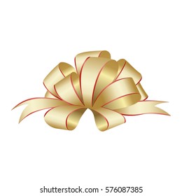 Vector Shiny Golden Satin Gift Bow Close up Isolated on White Background.