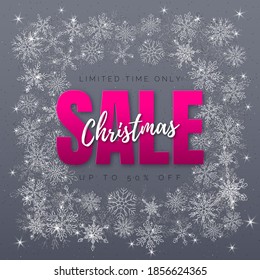 Vector shiny gray winter discount poster. White and pink text Christmas Sale in square frame of silver glitter Snowflakes. 