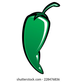 Vector shiny green curved spicy chilli pepper stylized with black outlines