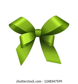 Vector Shiny Green Satin Gift Bow Close up Isolated on White Background