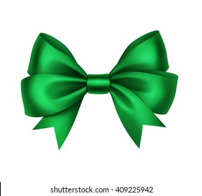 Vector Shiny Green Satin Gift Bow Close up Isolated on White Background