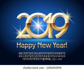 Vector shiny Greeting Card Happy New Year 2019 with bright Stars. Set of golden Alphabet letters, Numbers, Symbols. Metallic gradient Font.