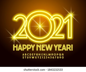 Vector shiny greeting card Happy New Year 2021! Elegant electric Font. Yellow Neon Alphabet Letters and Numbers set