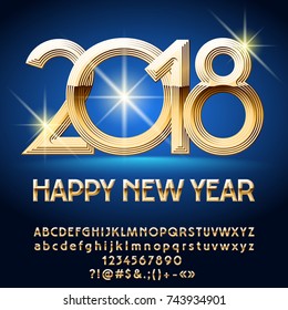 Vektor glänzende Grußkarte Frohes neues Jahr 2018 mit hellen Sternen. Satz goldener Alphabet-Buchstaben, Zahlen, Symbole