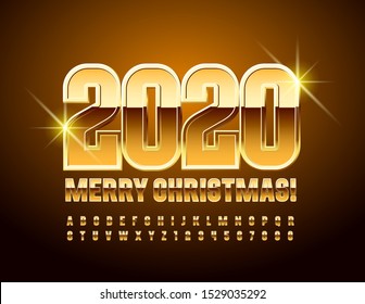 Vector shiny greeting card Merry Christmas 2020! Golden elite Alphabet Letters and Numbers. Chic Uppercase Font