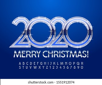 Vector shiny Greeting Card Merry Christmas 2020! Chic Silver Font with Diamonds. Stylish Alphabet Letters and Numbers.