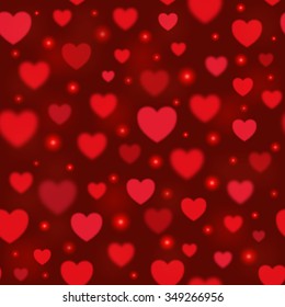 Vector shiny hearts seamless background. Valentine's day. 14 February. Blurred soft backdrop with bokeh and light. EPS10