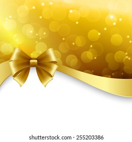 Vector Shiny Holiday background with gold bow. Christmas Gift card