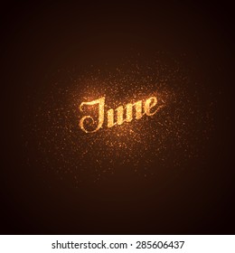 vector shiny illustration of June label with glowing golden sparkles. lettering composition 