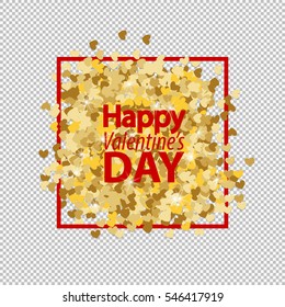 Vector shiny illustration on red background template. Golden glitter love heart border. Happy valentines day and wedding sparkle design elements.