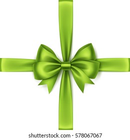 Vector Shiny Light Green Lime Satin Bow and Ribbon Top View Close up Isolated on White Background