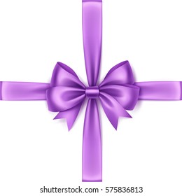 Vector Shiny Light Violet Lilac Satin Bow and Ribbon Top View Close up Isolated on White Background