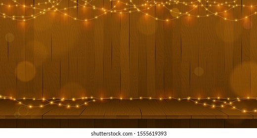 Vector shiny lights chain on wooden texture poster background. Natural wood holiday background with festive round light bulbs.