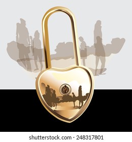 Vector shiny Locked Heart isolated on background with people silhouette