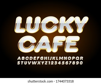 Vector shiny logo Lucky Cafe. White and Golden Alphabet Letters and Numbers. Chic luxury Font