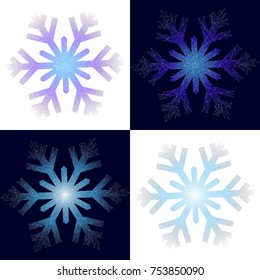 Vector shiny low poly snowlakes in two differernt coloring on two differernt backgrounds.