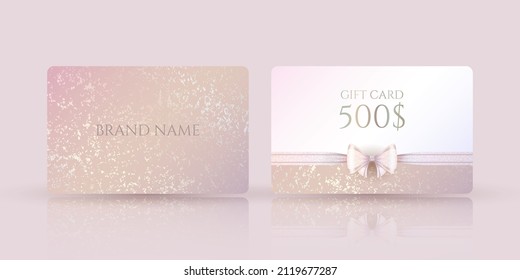 Vector shiny luxury gift card template in light soft pastel colors with golden spots, realistic glittering bow and a ribbon. Two-sided premium modern gradient layout with splash texture on a cover 