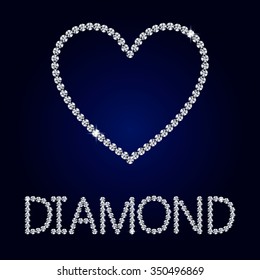 Vector shiny made with diamond heart on dark blue background. Shiny diamond heart. Vector Diamond letters.  Romantic Valentine's Day Card.