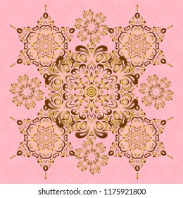 Vector shiny metal surface seamless pattern. Abstract golden elements on a pink background.