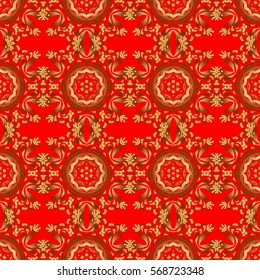 Vector shiny metal surface seamless pattern. Abstract golden elements on a red background.