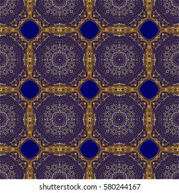Vector shiny metal surface seamless pattern. Abstract golden elements on a blue background.