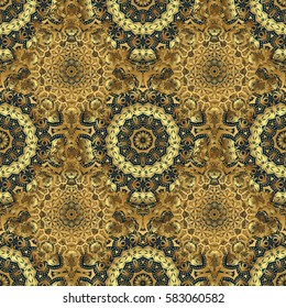 Vector shiny metal surface seamless pattern. Abstract golden elements on a blue background.