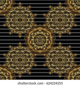Vector shiny metal surface seamless pattern. Abstract golden elements on a black background.