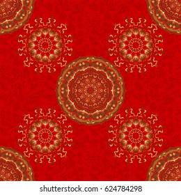 Vector shiny metal surface seamless pattern. Abstract golden elements on a red background.