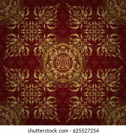 Vector shiny metal surface seamless pattern. Abstract golden elements on a red background.